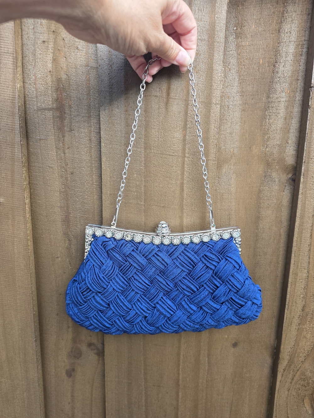Blue Woven Evening Clutch with Silver Chain